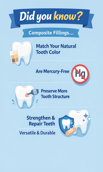 Infographic summarising the benefits of white composite fillings: matches natural tooth colour, mercury-free, preserves tooth structure, strengthens and repairs teeth, versatile and durable.